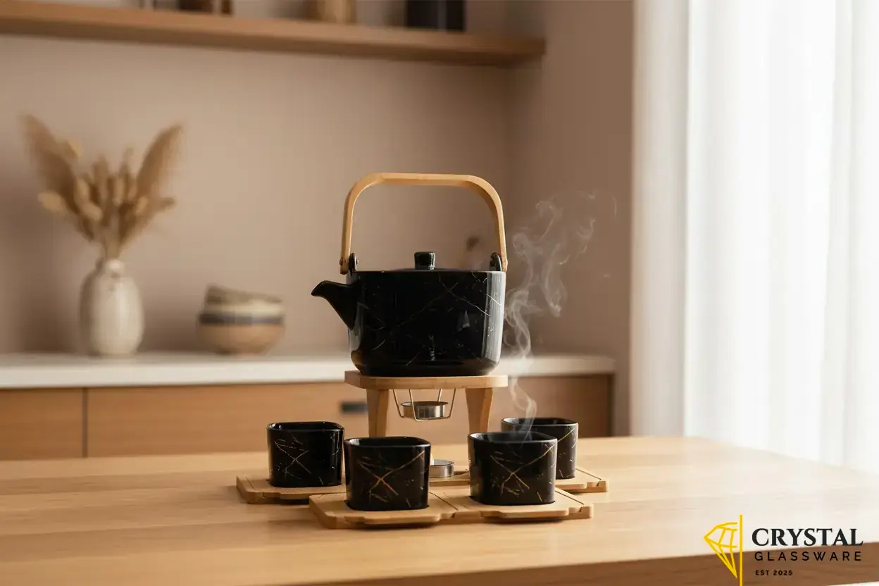 Ceramic teapot set features a black marble pattern with gold detailing, mounted on a wooden stand — Crystal Glassware Pakistan